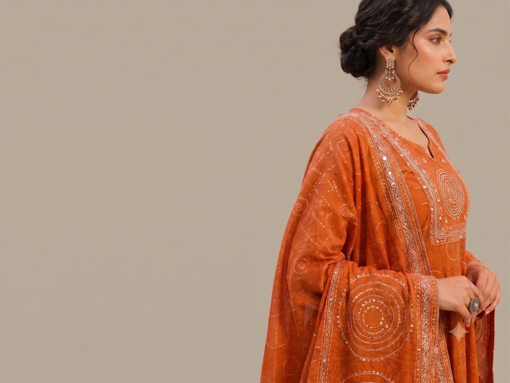 [Rishi Exports] | Elegant Rust Orange Embroidery Anarkali Kurti with Pant & Dupatta Set
