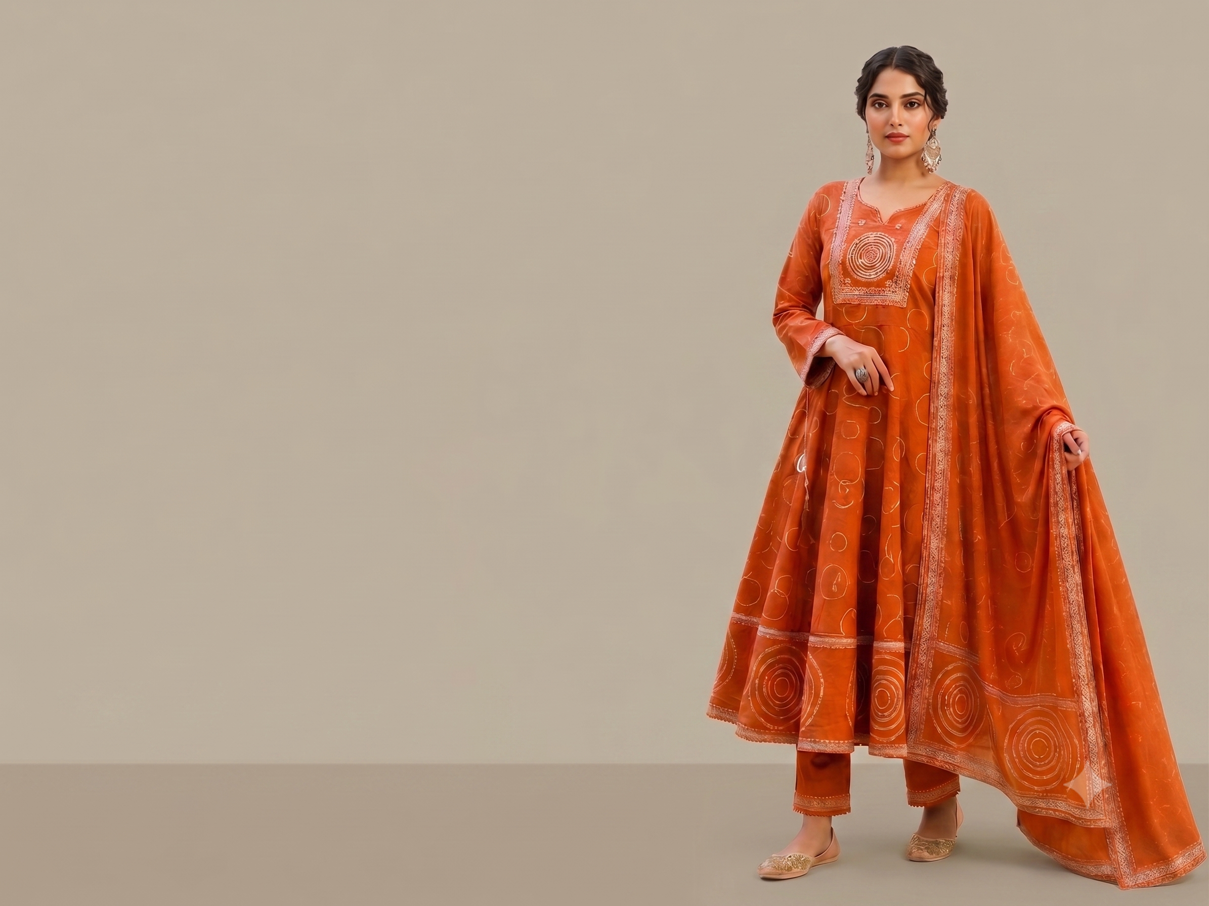 [Rishi Exports] | Elegant Rust Orange Embroidery Anarkali Kurti with Pant & Dupatta Set