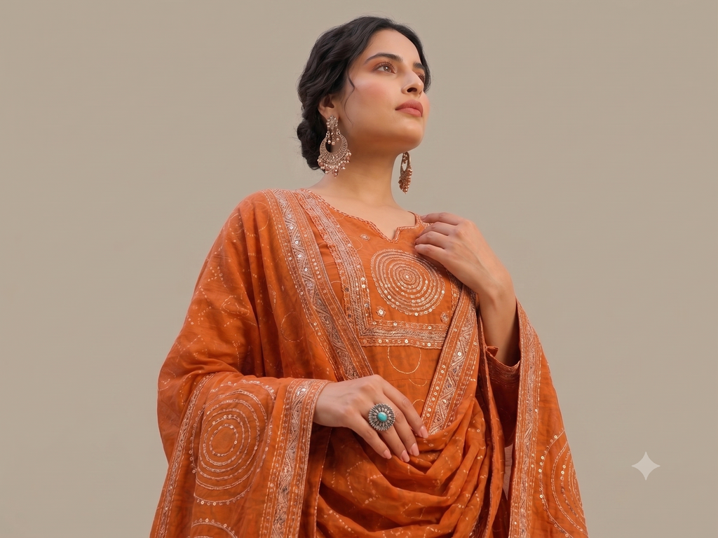 [Rishi Exports] | Elegant Rust Orange Embroidery Anarkali Kurti with Pant & Dupatta Set