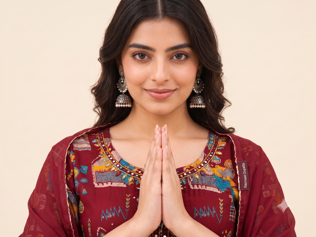 [Rishi Exports] | Women's Maroon Printed Rayon Anarkali Kurti Set with Nazmeen Dupatta