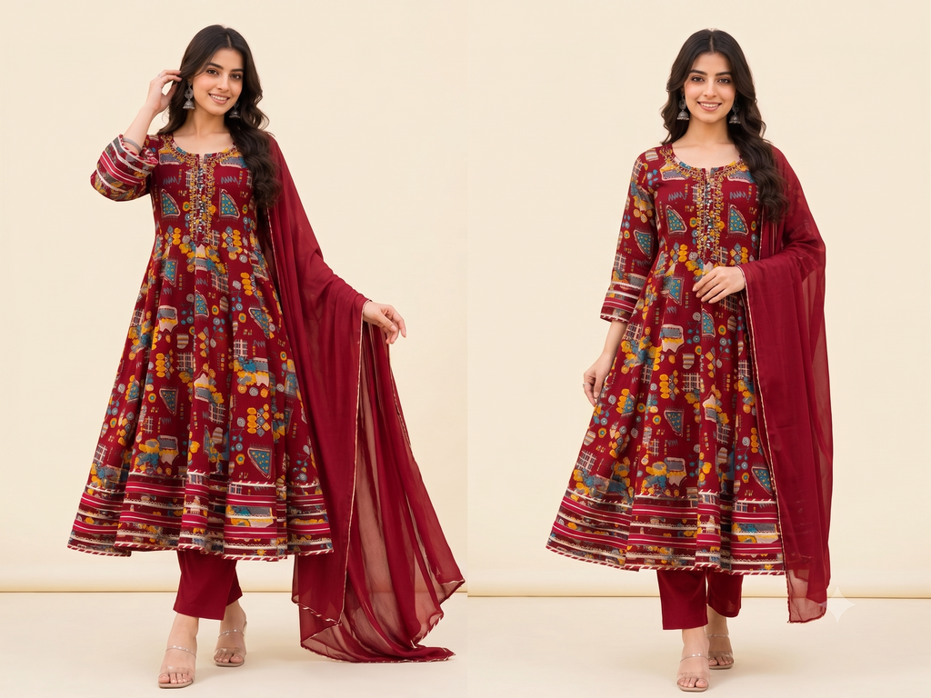 [Rishi Exports] | Women's Maroon Printed Rayon Anarkali Kurti Set with Nazmeen Dupatta