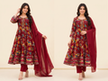 [Rishi Exports] | Women's Maroon Printed Rayon Anarkali Kurti Set with Nazmeen Dupatta
