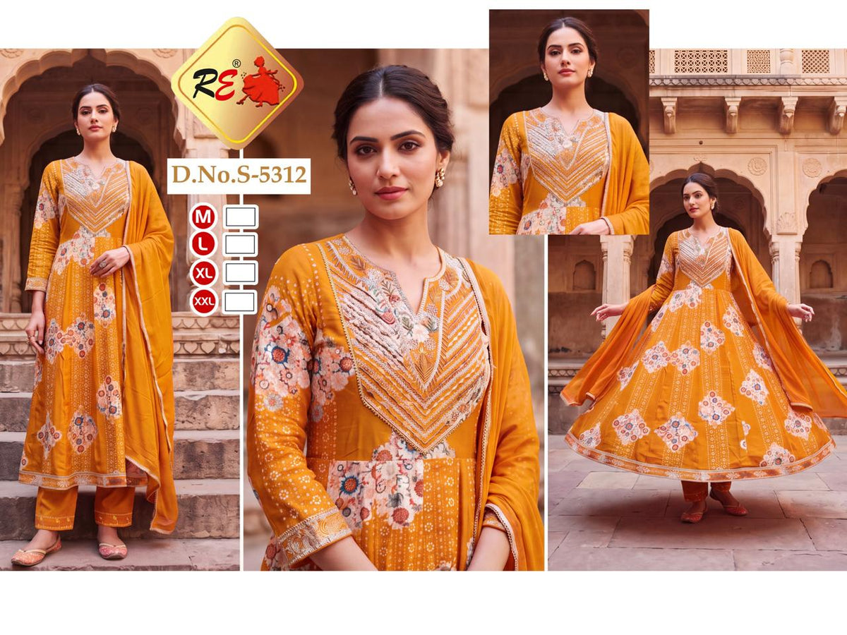 [ RISHI EXPORT ] Designer Rayon Anarkali Suit with Heavy Yoke Embroidery & Nazmeen Dupatta